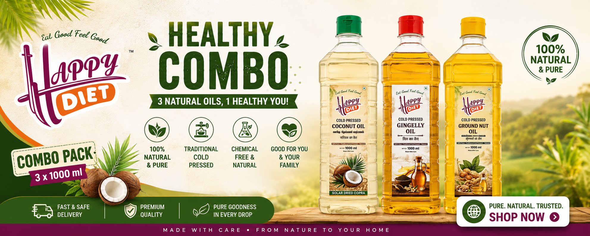 combo product for cold pressed coconut oil, gingelly oil and groundnut oil